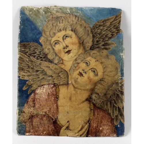 602 - A 19th century watercolour and ink drawing on paper of a pair of winged Cherubims, one with gold lea... 