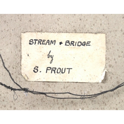 604 - Samuel Prout (British, 1783-1852): 'Stream and Bridge', watercolour, labels verso with title, attrib... 