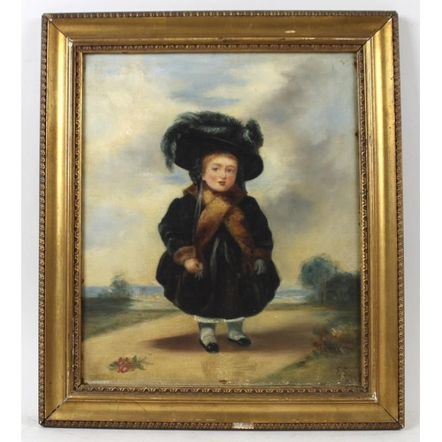 608 - A Victorian portrait, depicting a little girl dressed in a velvet coat and a hat with a cavalier fea... 