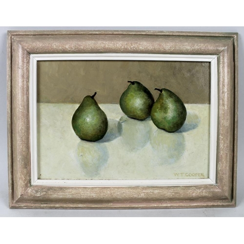 616 - W. T. Cooper (British, 20th century): 'Conversation', a still life study of three pears, oil on boar... 