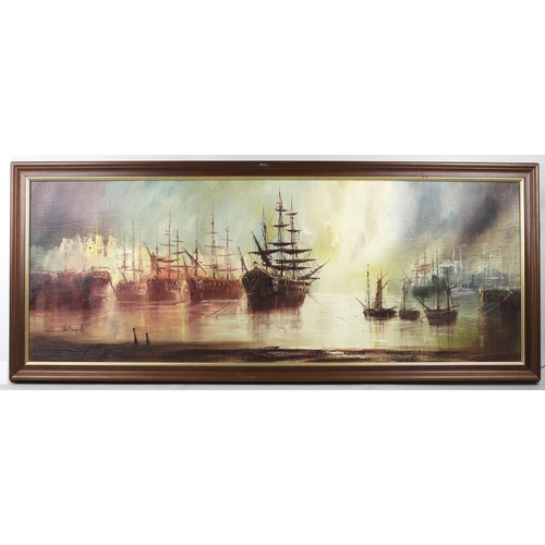 622 - John Bampfield (British, b. 1947): a marine scene, depicting sailing ships in harbour, oil on canvas... 