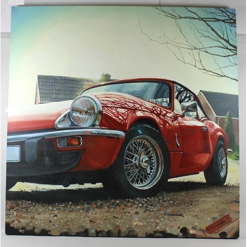 623 - Clinton Croson (b. 1981): Spitfire, a contemporary study of a red Triumph Spitfire Mark III, oil on ... 