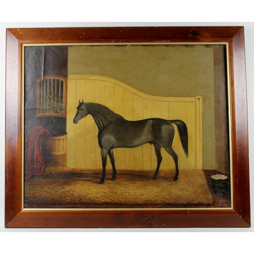 630 - A mid 19th century equine study of a dappled dark grey in a stable, painted in the Naive style, oil ... 