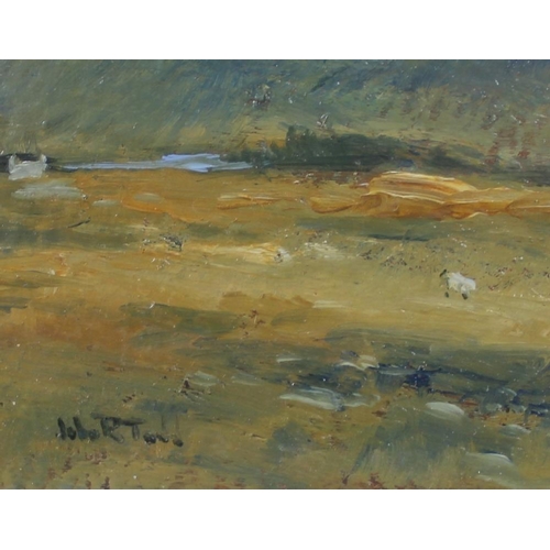 632 - John R. Todd (Scottish, 20th century): a mountainous landscape with sheep and a croft in the foregro... 