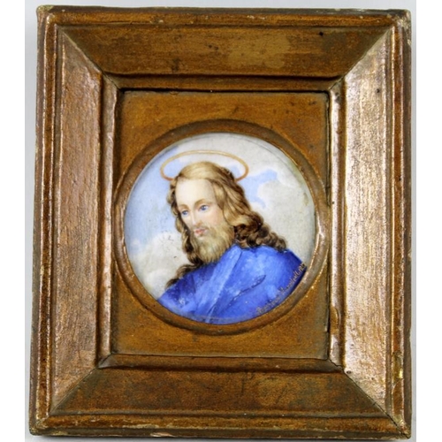 634 - Adelheid Blarsdzall (German, 19th century): a Christ figure with halo, wearing a blue robe, circular... 