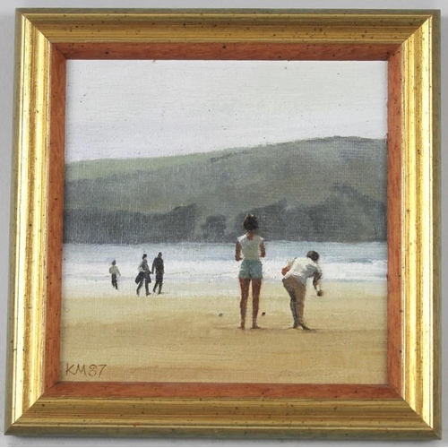 635 - Karen Mills (British, 20th century): 'Boules, Woolacombe Sands', a miniature oil on board, signed wi... 