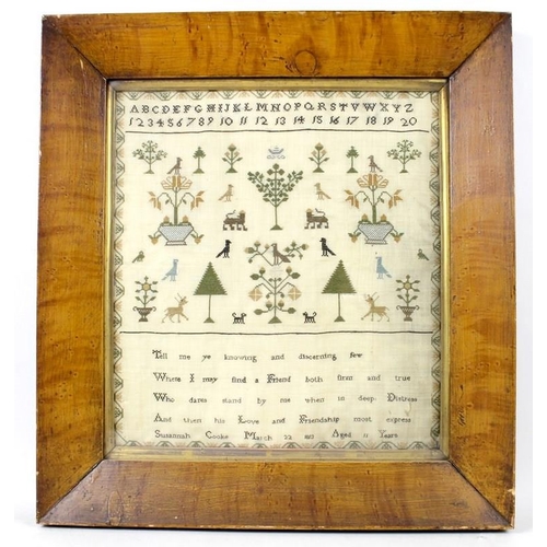 636 - A George III cross stitch embroidery sampler, with name Susannah Cooke, dated 1813, with alphabet an... 