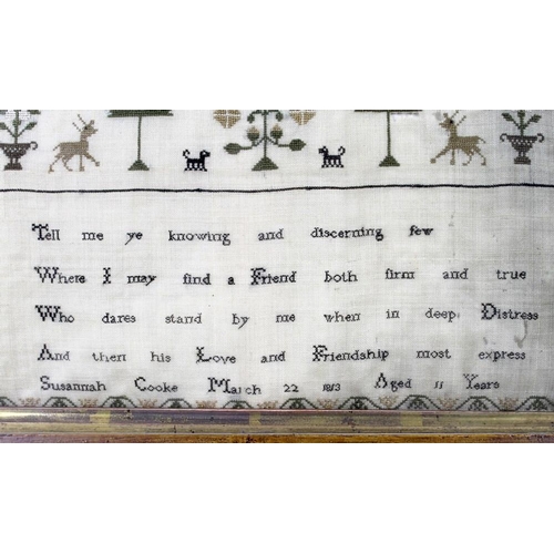 636 - A George III cross stitch embroidery sampler, with name Susannah Cooke, dated 1813, with alphabet an... 