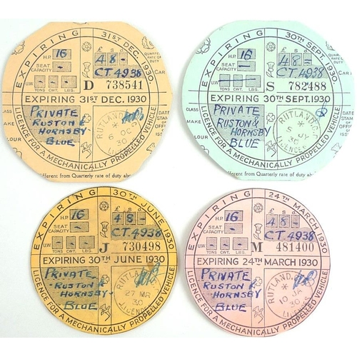 659 - A collection of quarterly tax disks, dating from 5th July 1929, through 1930 and up to 26th March 19... 