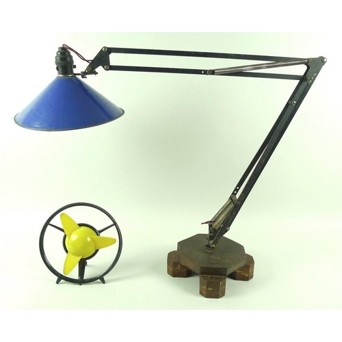 703 - A vintage angle poise cantilevered lamp, with blue enamelled shade and oak base, together with a 195... 