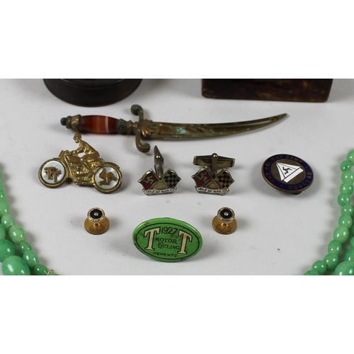 710 - Two faux jade necklaces, an agate book mark in the form of a dagger, a tortoiseshell and mother of p... 