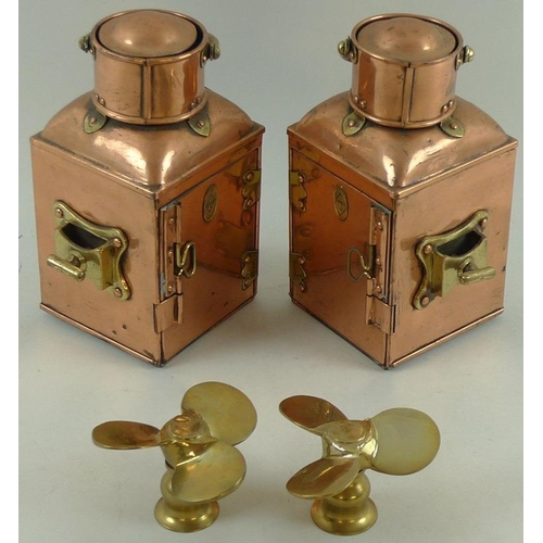 727 - A pair of DL copper ships lanterns, one with brass 'Starboard' plaque and blue convex glass, the oth... 