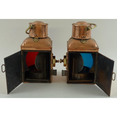 727 - A pair of DL copper ships lanterns, one with brass 'Starboard' plaque and blue convex glass, the oth... 