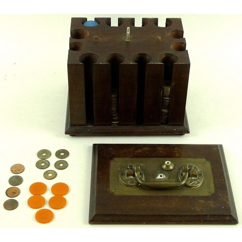 729 - A mahogany games chip storage unit, mid 20th century, with brass fitted removable lid, containing as... 