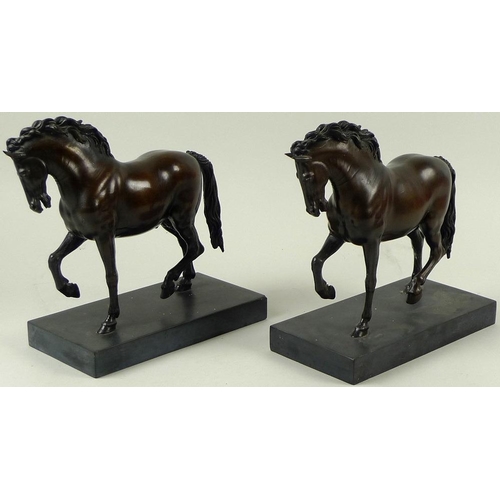 736 - A pair of bronze horse sculptures, finely cast with flowing manes and plaited tails, in trotting pos... 