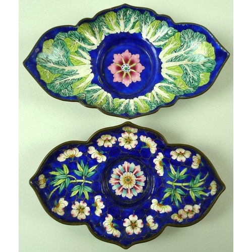 737 - Two Straits sandalwood fans in a box, both 25cm, a pair of cloisonne dishes, both 15.5cm, a page tur... 