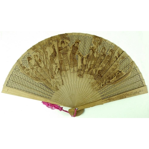 737 - Two Straits sandalwood fans in a box, both 25cm, a pair of cloisonne dishes, both 15.5cm, a page tur... 