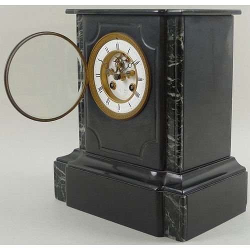 756 - A Victorian slate and green marble mantel clock, by J. Truscott, Tenby, the 4 inch white enamel dial... 