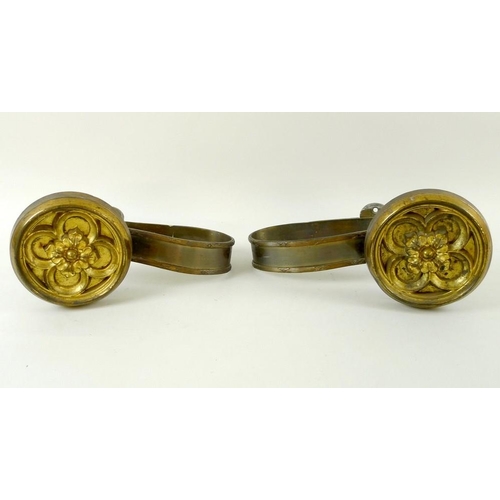 757 - Three pairs of Edwardian brass curtain tie backs, some with gilt highlights, largest 15 by 23 by 15c... 