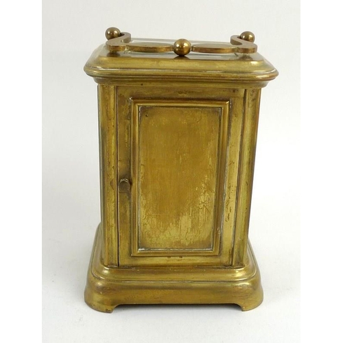 759 - A 19th century French brass carriage clock, with four bevelled glass panes, the white enamel face wi... 