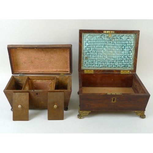 771 - A Victorian rosewood veneered over mahogany, brass strung, casket, raised on four brass scroll and p... 