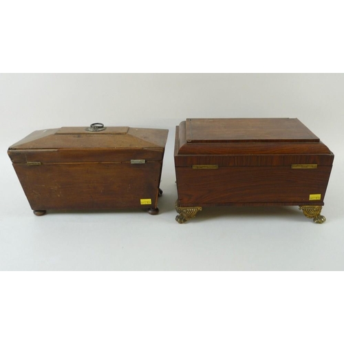 771 - A Victorian rosewood veneered over mahogany, brass strung, casket, raised on four brass scroll and p... 