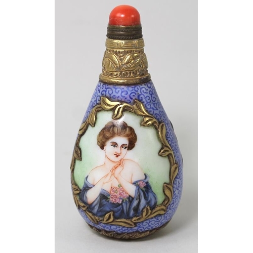 776 - A Chinese tear drop shaped enamelled glass and metal snuff bottle decorated with European ladies in ... 