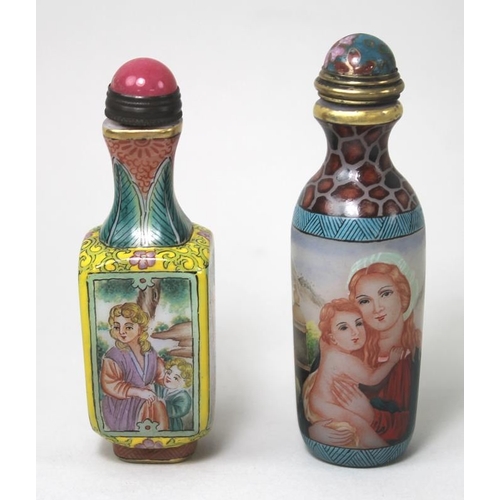 777 - Two Chinese shaped enamelled Peking glass snuff bottles decorated with European Madonna and Child in... 