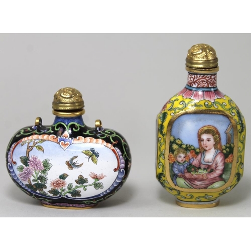 780 - Two Chinese glass snuff bottles, with enamelled decoration depicting a bird amongst bamboo and the o... 