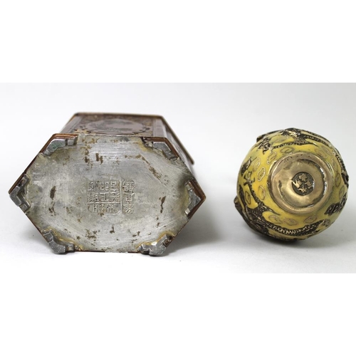 781 - An early 20th century Chinese hexagonal pewter tea caddy bronzed and gilded, decorated with calligra... 