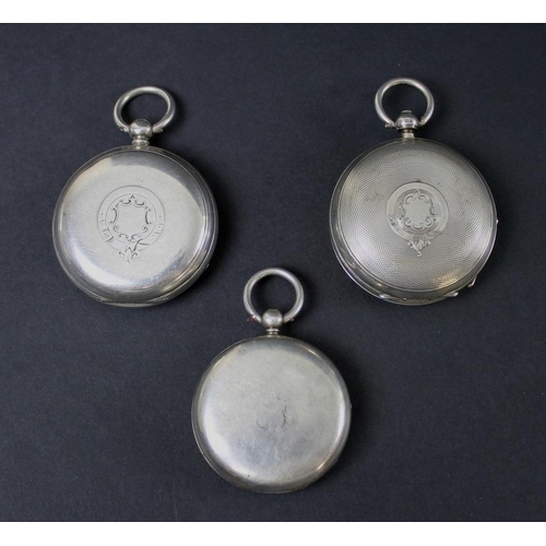 803 - A group of three silver cased pocket watches, all with open faces, key wind, white enamelled dials a... 