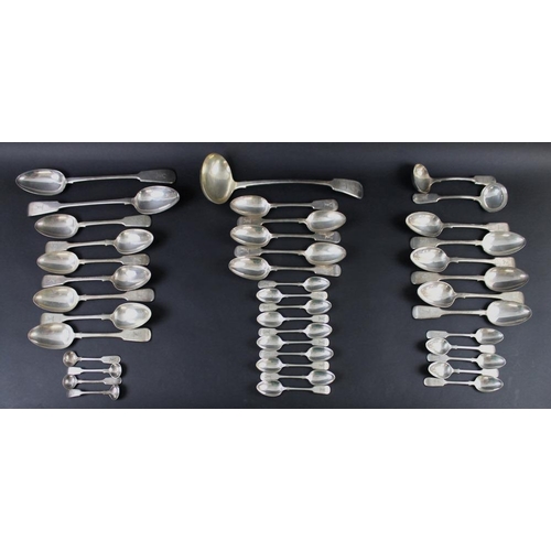 827 - A Victorian silver plated fiddle pattern part cutlery service, the handles engraved with an armorial... 