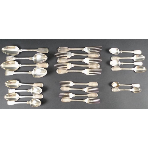 830 - Two parts suites of early Victorian silver cutlery, one set fiddle pattern, the handles engraved wit... 