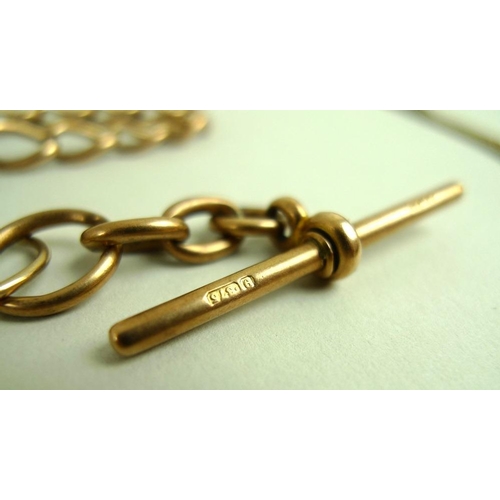 846 - Two 9ct rose gold watch chains, one with T bar, the other with brass pencil holder, approx gold weig... 