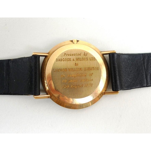 850 - An Omega 9ct gold cased gentleman's wristwatch, circa 1978, circular champagne enamel dial with gold... 