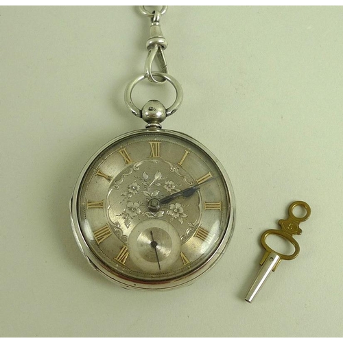 864 - A Victorian silver open faced pocket watch, key wind, engraved face with subsidiary seconds dial, go... 