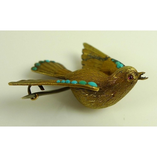 882 - A vintage yellow metal brooch designed as a dove with wings outstretched, the finely textured body w... 