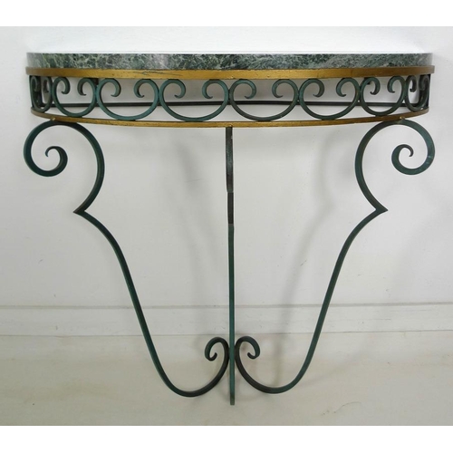 902 - A vintage Continental wall mounted cast iron demi lune pier table and glass, circa 1960, painted in ... 