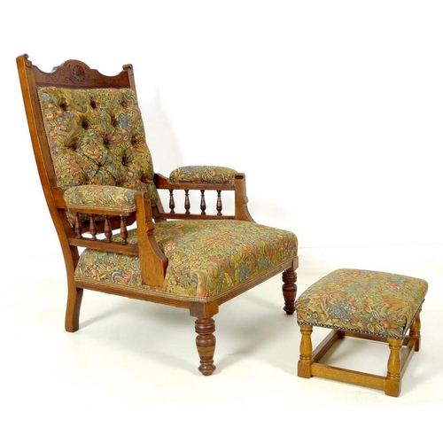 916 - A late Victorian mahogany armchair, with carved decoration, open baluster form arms, recently re-uph... 