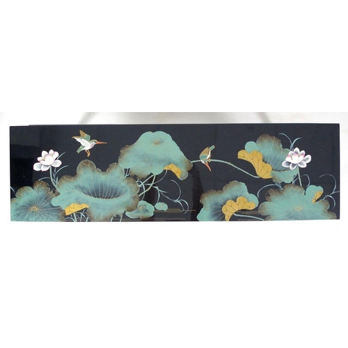 922 - A late 20th century Chinese black lacquer sideboard, with two drawers, decorated with flowers, 139.5... 