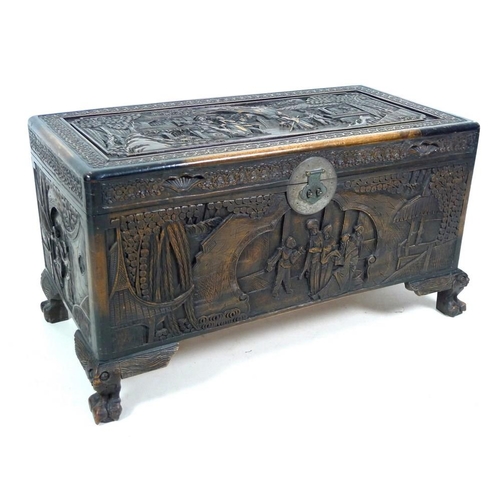 937 - A 20th century carved Chinese camphor wood chest, the body carved with panels depicting figures amid... 