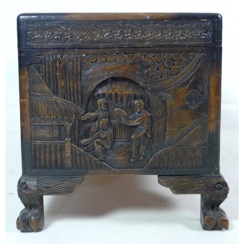 937 - A 20th century carved Chinese camphor wood chest, the body carved with panels depicting figures amid... 