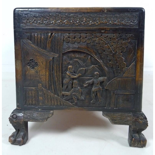 937 - A 20th century carved Chinese camphor wood chest, the body carved with panels depicting figures amid... 