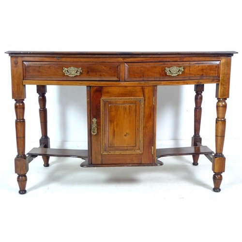 946 - An Edwardian hall table, with two frieze drawers and cupboard beneath, brass handles, turned support... 