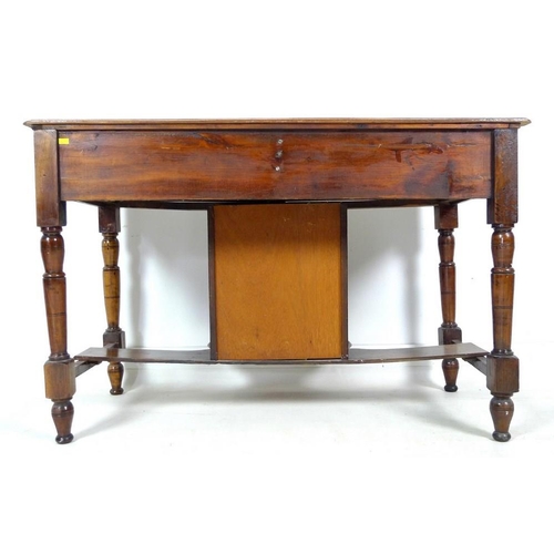 946 - An Edwardian hall table, with two frieze drawers and cupboard beneath, brass handles, turned support... 