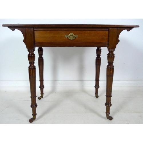 949 - A late Victorian mahogany side table, green tooled leather surface, single frieze drawer with brass ... 