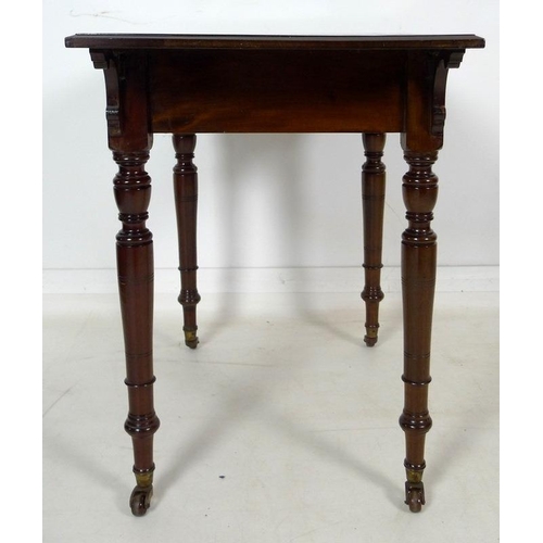 949 - A late Victorian mahogany side table, green tooled leather surface, single frieze drawer with brass ... 