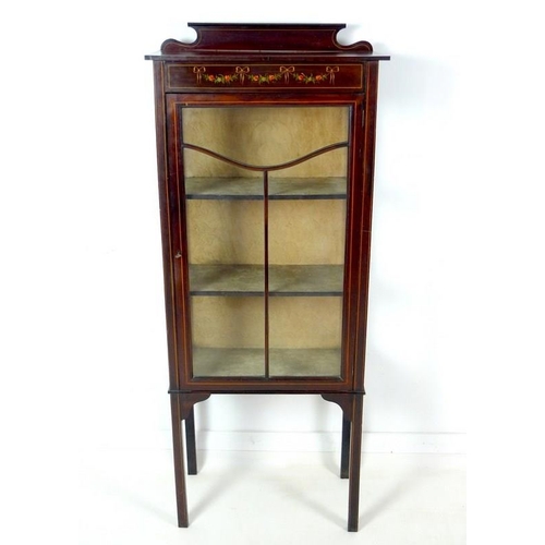 954 - An Edwardian mahogany and inlaid glazed display cabinet, with painted roses to frieze, single door e... 