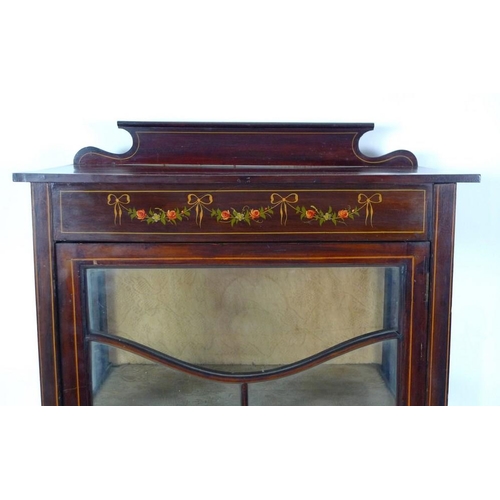 954 - An Edwardian mahogany and inlaid glazed display cabinet, with painted roses to frieze, single door e... 