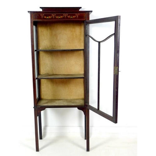 954 - An Edwardian mahogany and inlaid glazed display cabinet, with painted roses to frieze, single door e... 